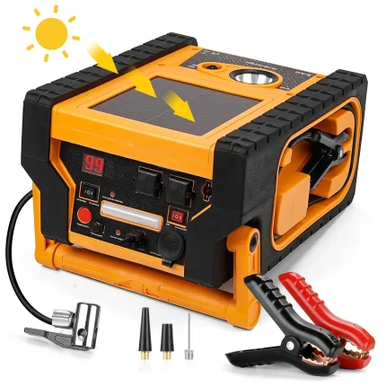 2000A Car Jump Starter with Air Compressor, 5W Solar Panel Portable Power Station, Tire Inflator 260PSI, Car Battery Charger with Inverter Dual 400W AC DC USB Ports, 12V Battery Pack Jump Box